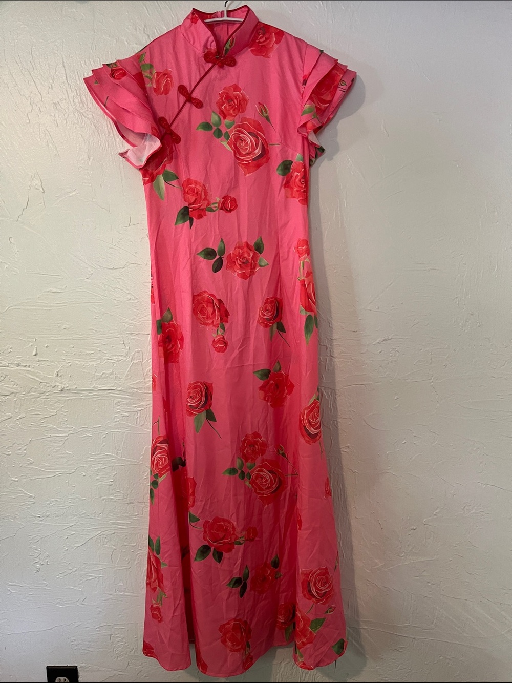 Pink Floral Mandarin-Collar Maxi Dress